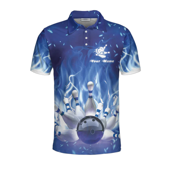 Bowling On Blue Fire Custom Polo Shirt, Blue Custom Bowling Shirt For Adults, Personalized Bowling Gift Coolspod