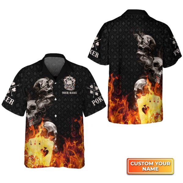 Poker Four Of A Kind Aces Skull On Fire Personalized Name 3D Hawaiian Shirt For Poker Players