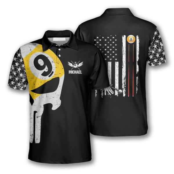 Billiard 9 Ball Skull American Flag Pattern Custom Billiard Polo Shirts for Men, Billiard Shirt Team